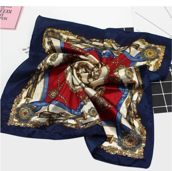 Navy blue and red neck head scarf wrap nautical accessory sateen - Picture 1 of 3